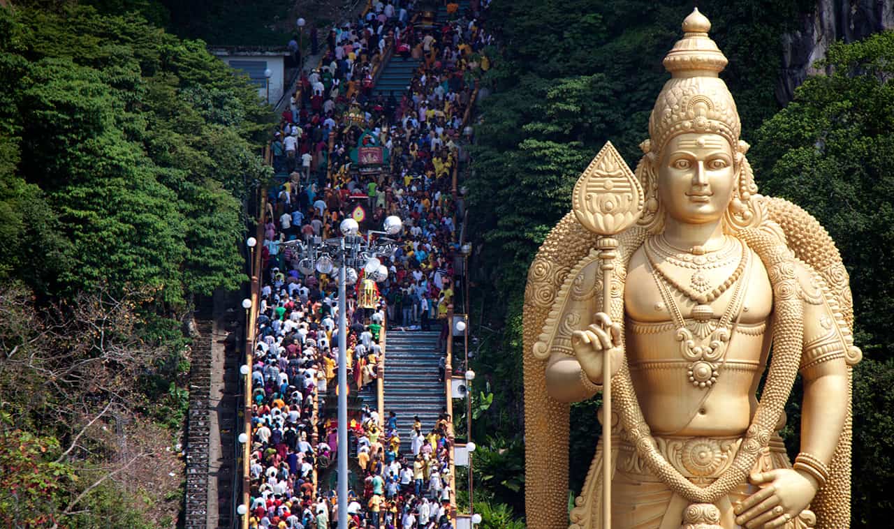 Uitbundige Thaipusam viering in januari of februari.