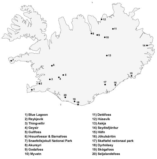 Kaart hoogtepunten IJsland