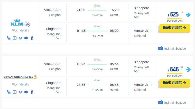 Voorbeeld tickets Singapore Airlines en KLM