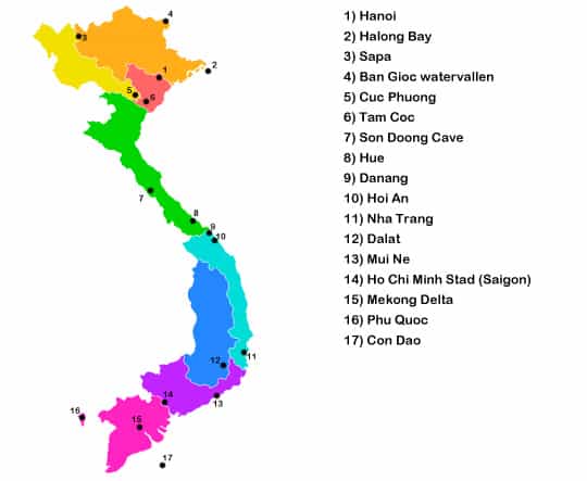 Kaart hoogtepunten van Vietnam
